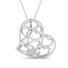 14K White Gold Multi Heart Lab Grown Diamond Pendant Necklace Pave Set 0.46 ctw.