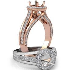 Halo Pave Diamond Engagement Round Semi Mount Millgrain Ring 14k Rose Gold  (0.9Ct. tw.)