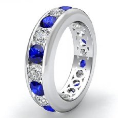 Round Sapphire Diamond Channel Eternity Women's Band Ring 14k White Gold 2.2Ct