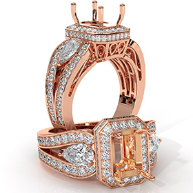 Radiant Diamond Engagement Halo 3Stone Ring Set 14k Rose Gold Semi Mount  (1.85Ct. tw.)