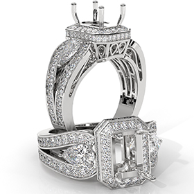 Radiant Diamond Engagement Halo 3Stone Ring Set 14K White Gold Semi Mount 1.85Ct