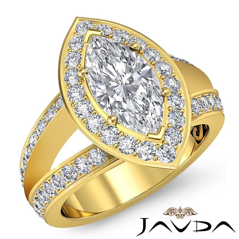 Split Shank Halo Side Stone diamond Ring 14k Gold Yellow