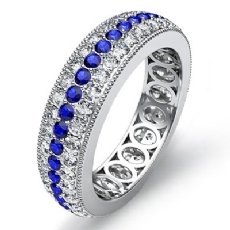 3Row Sapphire Diamond Women's Wedding Eternity Band 14k White Gold Ring 2.4Ct