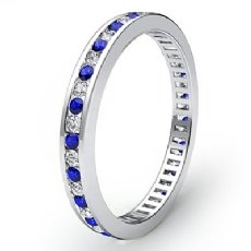 Blue Sapphire Channel Set Diamond Women Eternity Band Ring 14k White Gold 0.6Ct