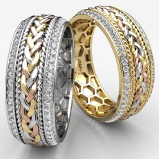 Rope Braided Round Diamond Eternity Mens Wedding Band 14k Trio Color Gold 0.90Ct