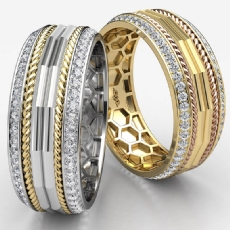 Parallel Line Round Diamond Eternity Mens Wedding Band 14k Two Tone Gold 0.90Ct