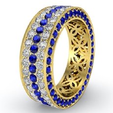 3 Row Eternity Pave Round Sapphire Women Diamond Wedding Band  18k Gold Yellow (1.2Ct. tw.)