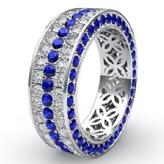 3 Row Eternity Pave Round Sapphire Women Diamond Wedding Band 2.7Ct 14k W Gold