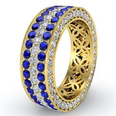 Three Row  Sapphire Diamond Filigree Women Eternity Wedding Band 18k Gold Yellow (1.2Ct. tw.)