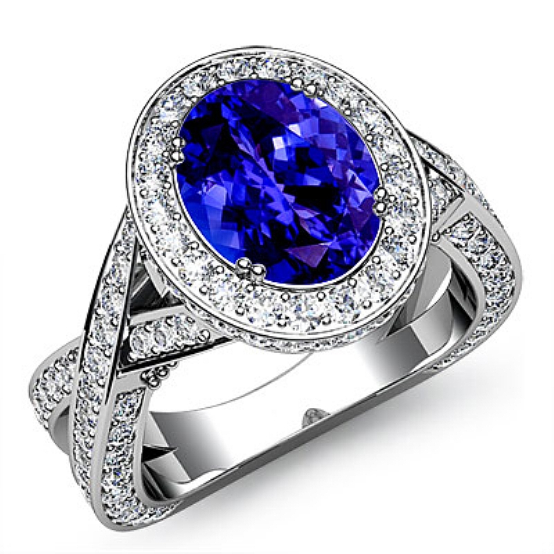 Halo Pave Set Cross Shank Oval diamond engagement Ring in 14k Gold White