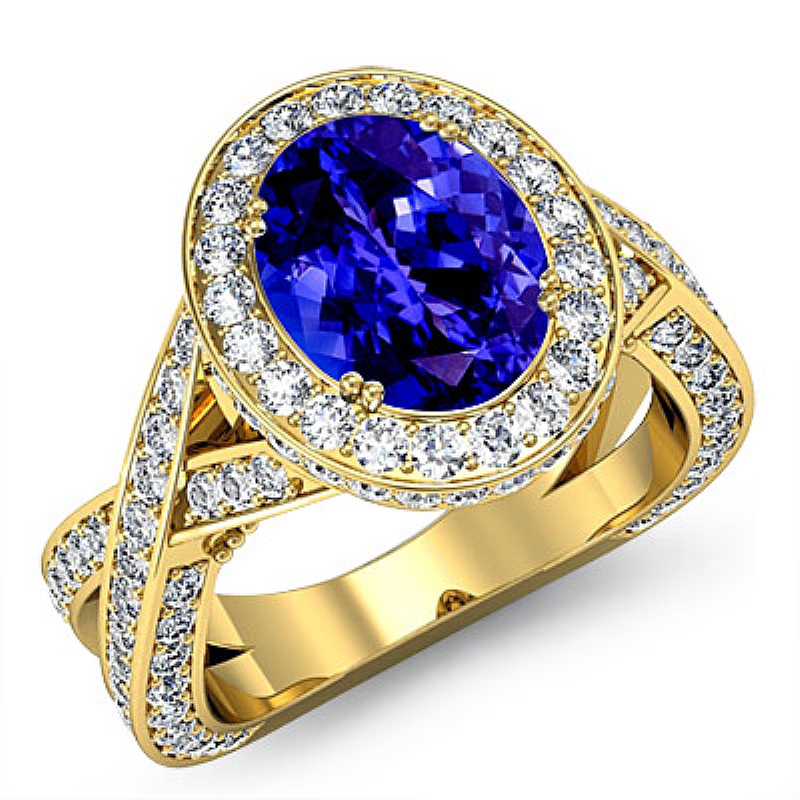 Halo Pave Set Cross Shank Oval diamond engagement Ring in 18k Gold Yellow