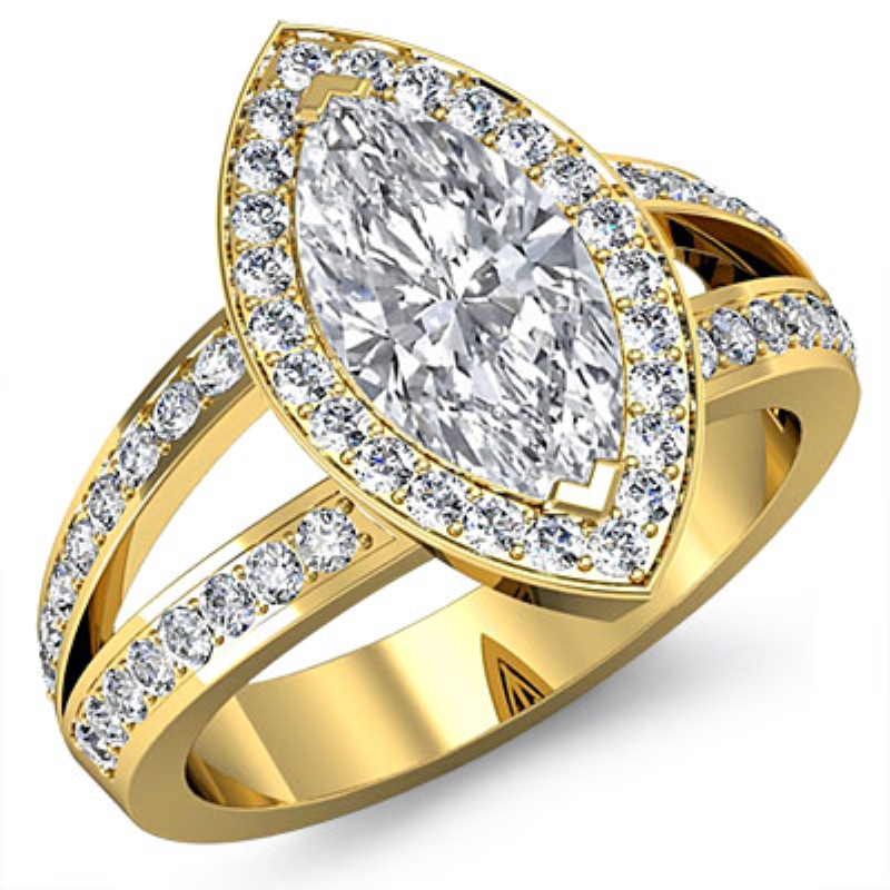 Halo Split-Shank Pave Set diamond Ring 14k Gold Yellow