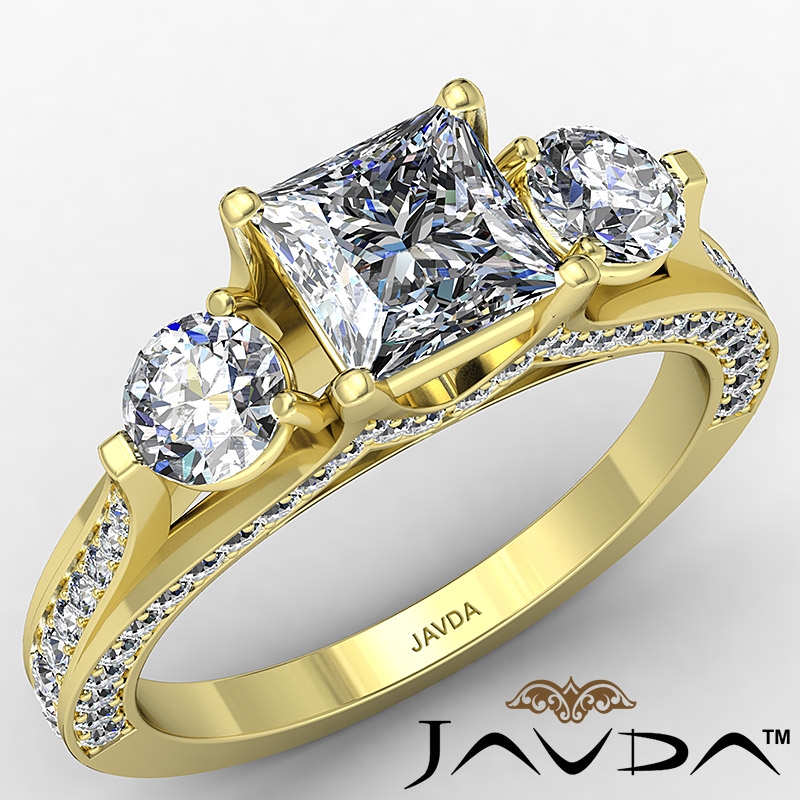 Three Stone Micropave Bridge diamond Ring 18k Gold Yellow