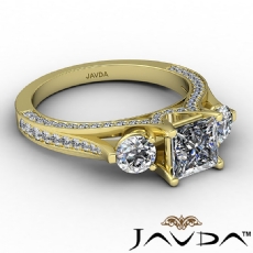 Three Stone Micropave Bridge diamond Ring 14k Gold Yellow