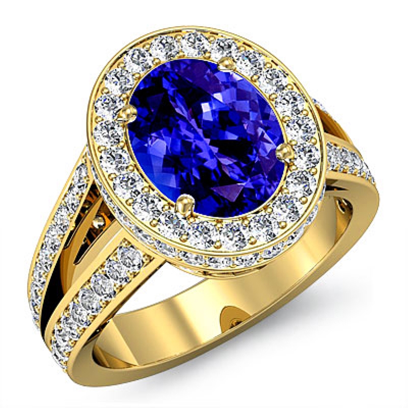 Vintage Halo Split Shank Oval diamond engagement Ring in 18k Gold Yellow