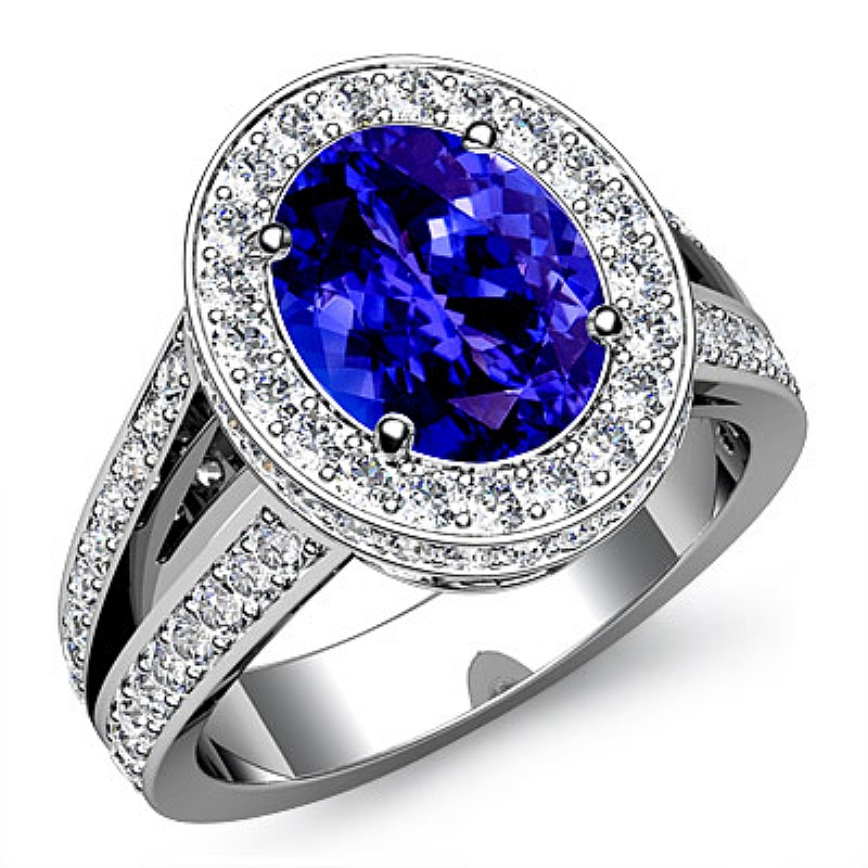 Vintage Halo Split Shank Oval diamond engagement Ring in 14k Gold White