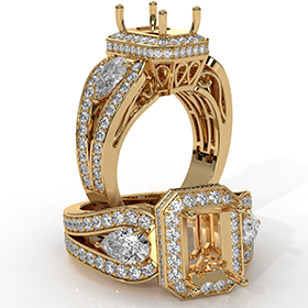 Emerald Diamond Engagement Halo 3Stone Ring Set 14k Gold Yellow Semi Mount  (1.85Ct. tw.)