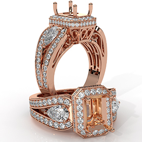 Emerald Diamond Engagement Halo 3Stone Ring Set 14k Rose Gold Semi Mount  (1.85Ct. tw.)