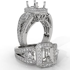 Emerald Diamond Engagement Halo 3Stone Ring Set 14K White Gold Semi Mount 1.85Ct