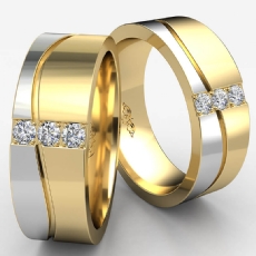 Classic Grooved 3 Stone Round Diamond Mens Wedding Band 14k Two Tone Gold 0.15Ct