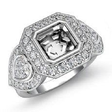 3 Stone Diamond Heart Asscher Semi Mount Ring 14k W Gold Halo 1.05Ct