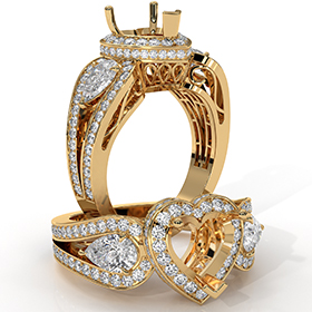 Heart Diamond Engagement Halo 3Stone Ring Set 14k Gold Yellow SemiMount  (1.85Ct. tw.)
