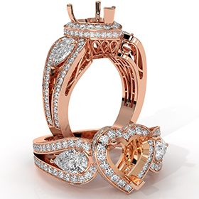 Heart Diamond Engagement Halo 3Stone Ring Set 14k Rose Gold SemiMount  (1.85Ct. tw.)