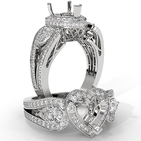 Heart Diamond Engagement Halo 3Stone Ring Set 14K White Gold Semi Mount 1.85Ct