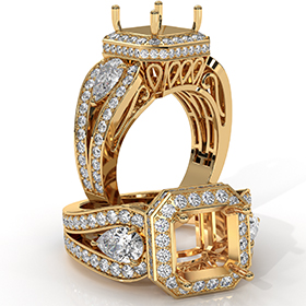 3Stone Asscher Diamond Engagement Halo Ring Set 14k Gold Yellow Semi Mount  (1.85Ct. tw.)