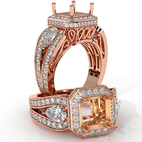 3Stone Asscher Diamond Engagement Halo Ring Set 14k Rose Gold Semi Mount  (1.85Ct. tw.)