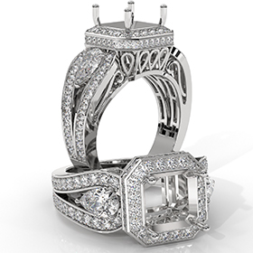 3Stone Asscher Diamond Engagement Halo Ring Set 14K White Gold Semi Mount 1.85Ct