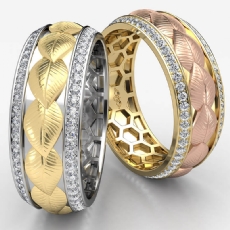 Gold Leaf Round Diamond Eternity Mens Wedding Band 14k Two Tone Gold 1.00Ct