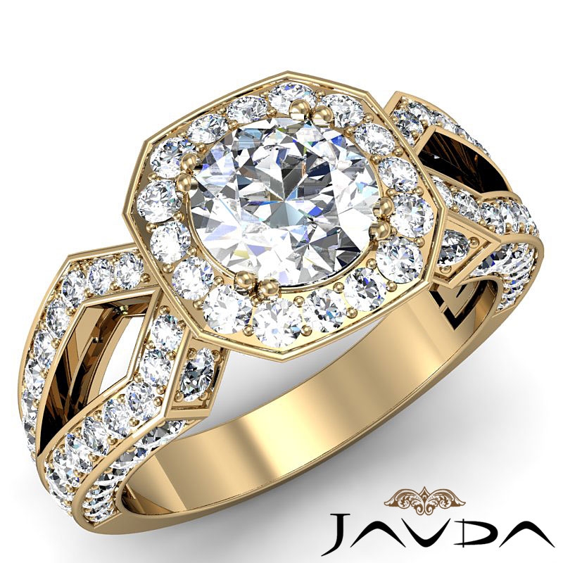 Hexagon Halo Split Shank diamond Ring 14k Gold Yellow