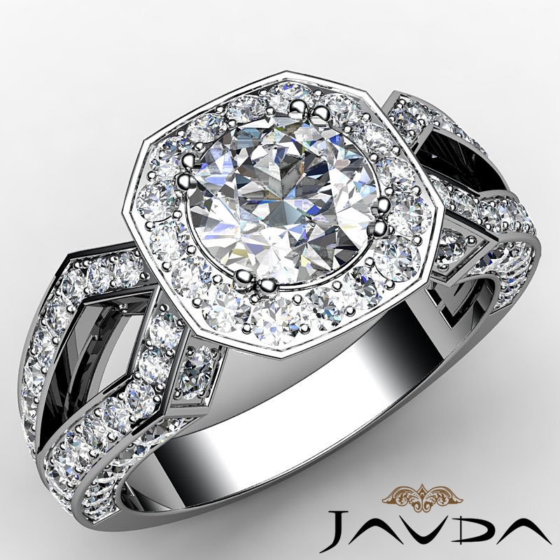 Hexagon Halo Split Shank diamond Ring 14k Gold White