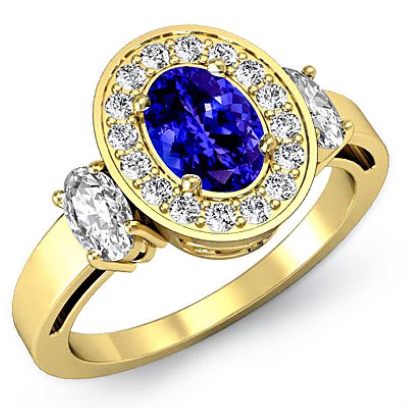 Filigree Halo Three Stone Oval diamond engagement Ring in 14k Gold Yellow