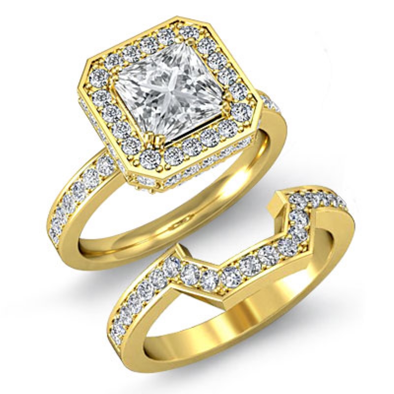 Basket Halo Pave Bridal Set diamond Ring 14k Gold Yellow