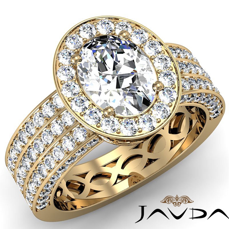 Triple Shank Halo Micro Pave diamond Ring 18k Gold Yellow
