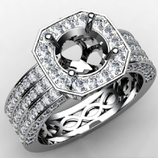 Round Semi Mount Three Row Diamond Engagement Ring 14k White Gold Halo 1.47Ct
