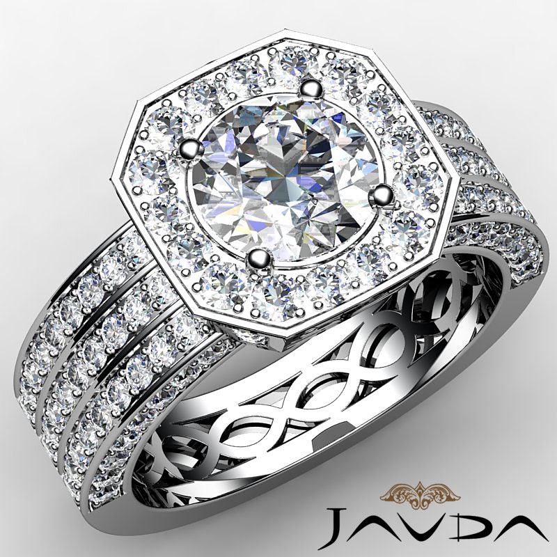 3 Row Pave Set Shank Halo diamond Ring 14k Gold White