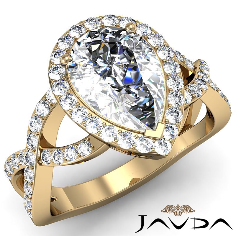 Criss Cross Shank Halo Pave diamond Ring 14k Gold Yellow