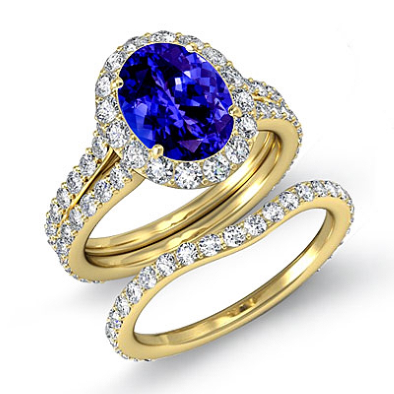 Halo Pave Wedding Bridal Set Oval diamond engagement Ring in 14k Gold Yellow