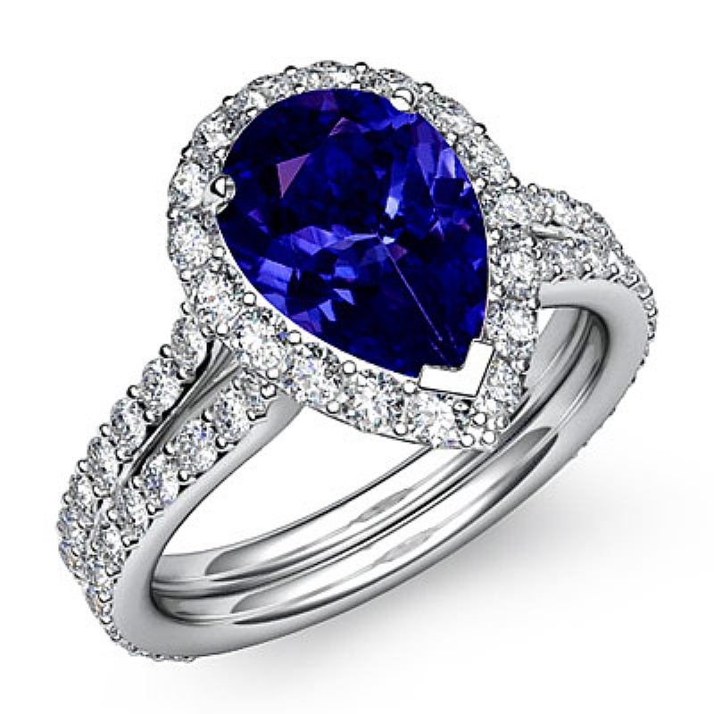 Halo Pave Set Split Shank Pear diamond engagement Ring in 14k Gold White