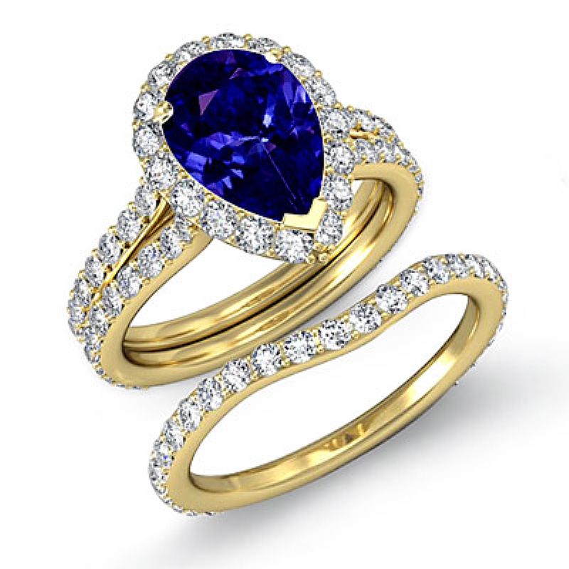 Halo Pave Split Shank Bridal Pear diamond engagement Ring in 14k Gold Yellow