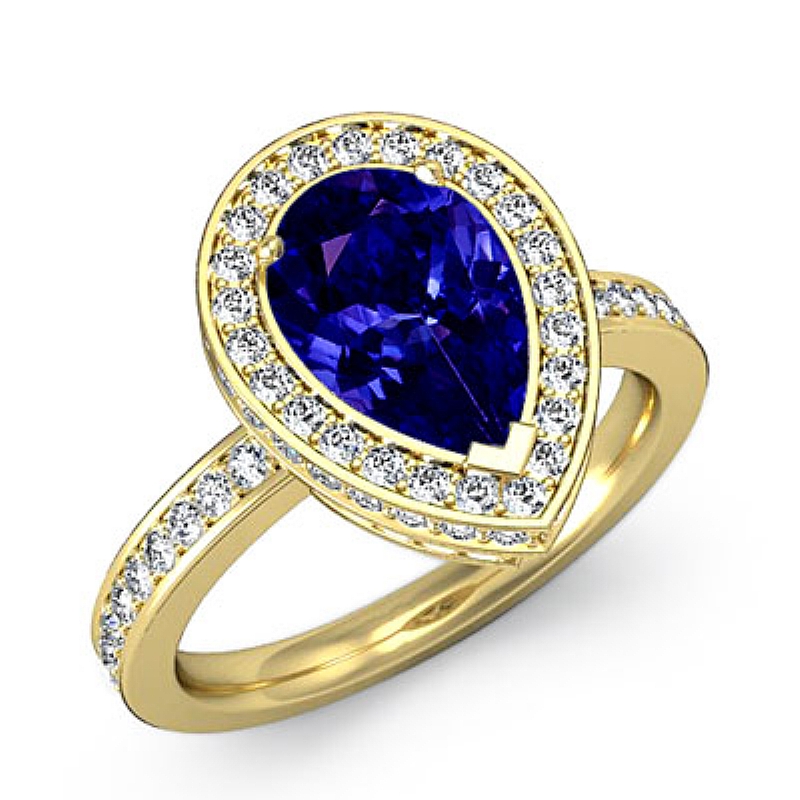 Halo Sidestone Pave Set Pear diamond engagement Ring in 18k Gold Yellow