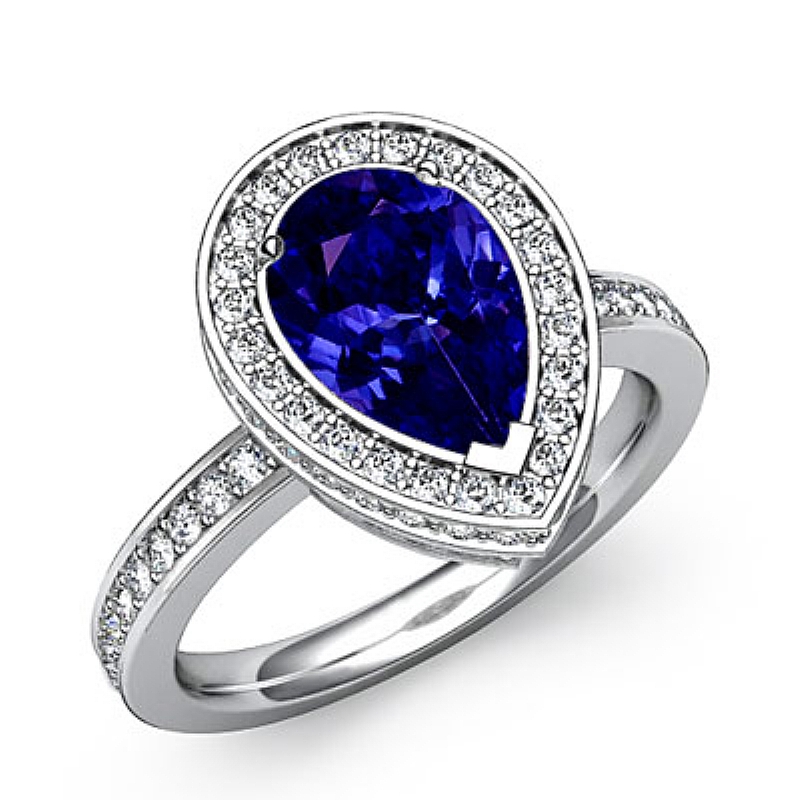 Halo Sidestone Pave Set Pear diamond engagement Ring in 14k Gold White