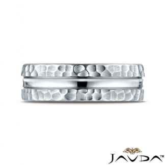 Hammered Finish Center Cut Unisex 14k Gold White Wedding Band