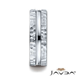 Hammered Finish Center Cut Unisex 14k Gold White Wedding Band