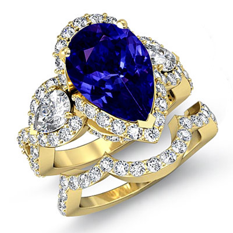 3 Stone Bridal Ring Sets Pear diamond engagement Ring in 14k Gold Yellow