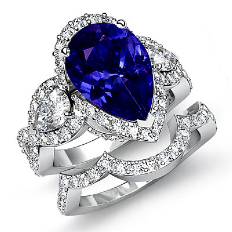 3 Stone Bridal Ring Sets Pear diamond engagement Ring in Platinum 950