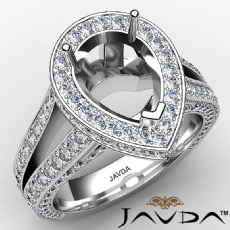 Halo Pave Set Diamond Engagement Ring 14K White Gold Pear Semi Mount 1.5 Ctw.